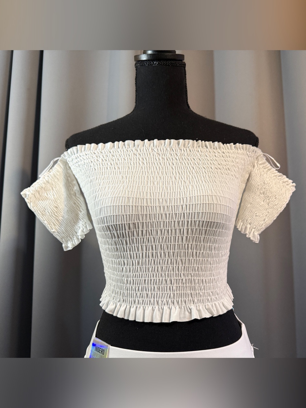 gaze White Off-Shoulder Smocked Crop Top